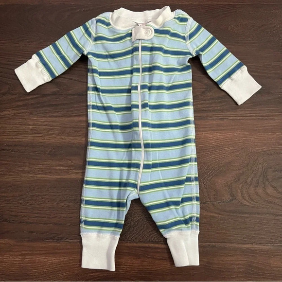 Hanna Anderson 50 cm 0-6 months blue green stripe pajamas sleeper - Picture 1 of 7